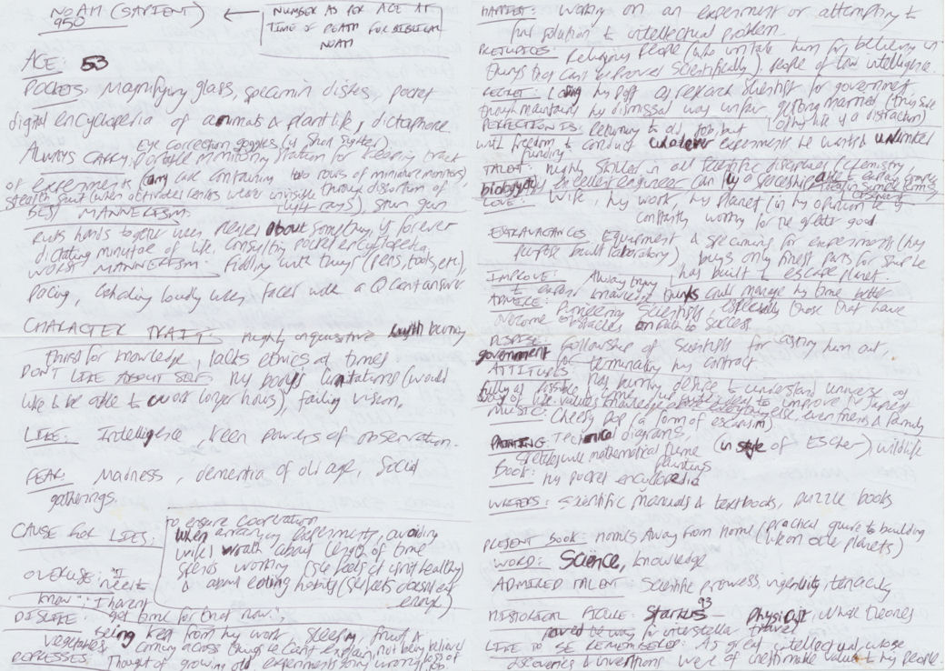 Handwritten character profile from 'In the Beginning'.