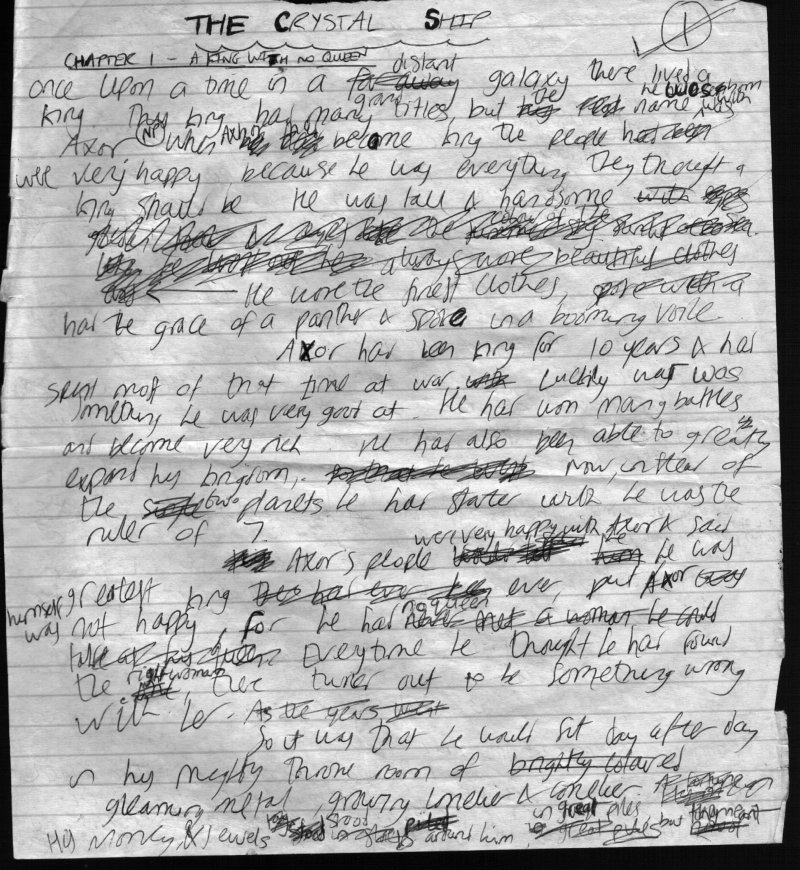 Page 1 of handwritten manuscript of 'The Crystal Ship'