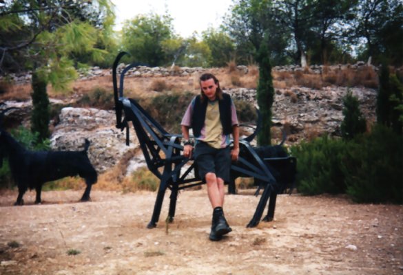 C.J. Carter-Stephenson with metal animal sculpture in Spetses.
