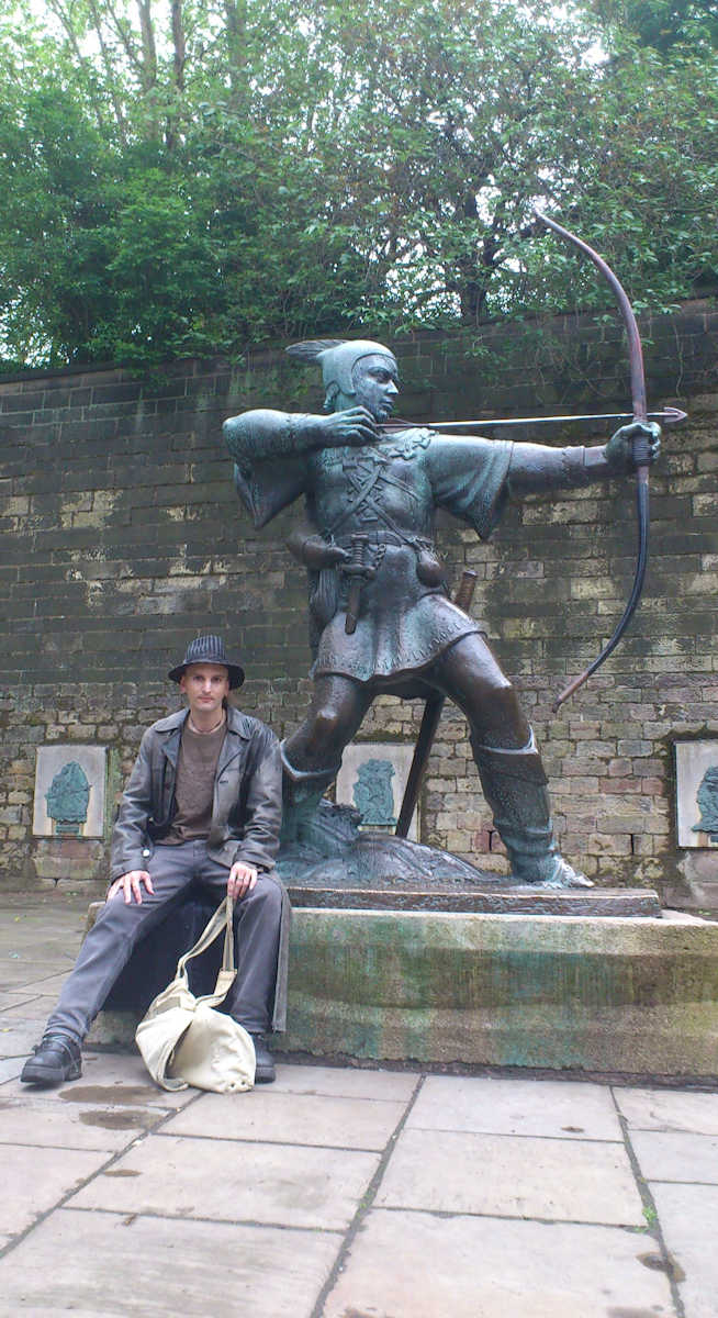 C.J. Carter-Stephenson with Robin Hood sculpture in Nottingham.