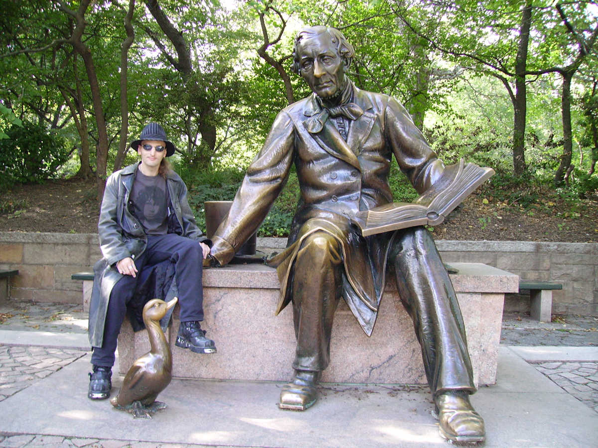 C.J. Carter-Stephenson with Hans Christian Andersen sculpture in Central Park, NYC.